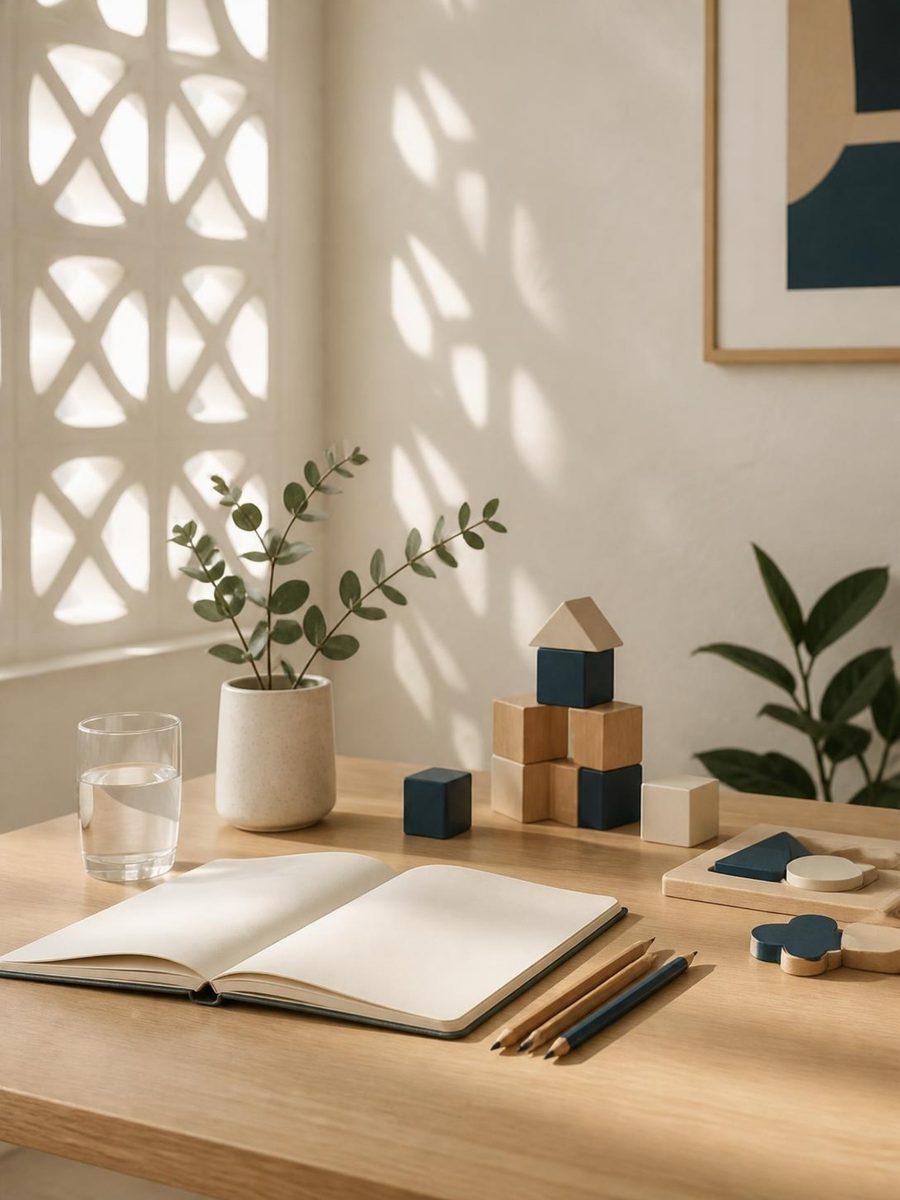Mesa de madeira clara com caderno, lápis e blocos de montar, na luz da manhã