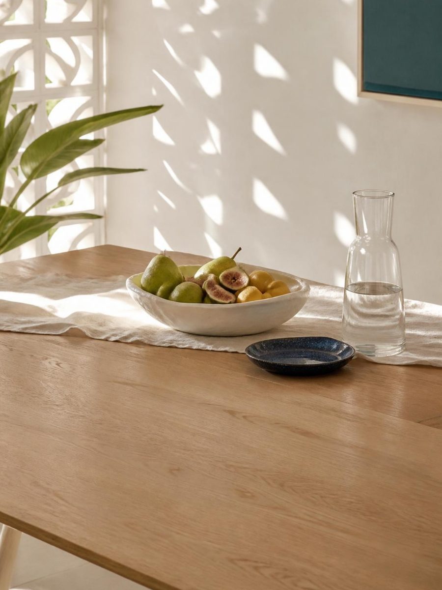 Tigela de cerâmica com frutas sobre uma mesa de madeira clara, na luz da manhã